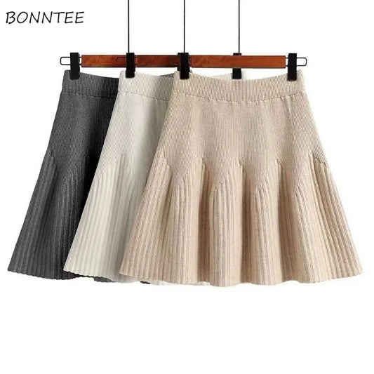 Knitting Skirts Women Minimalist Pure Design All-match Sweet Elegant Daily Retro Folds Korean Style Autumn Mini Faldas Ladies