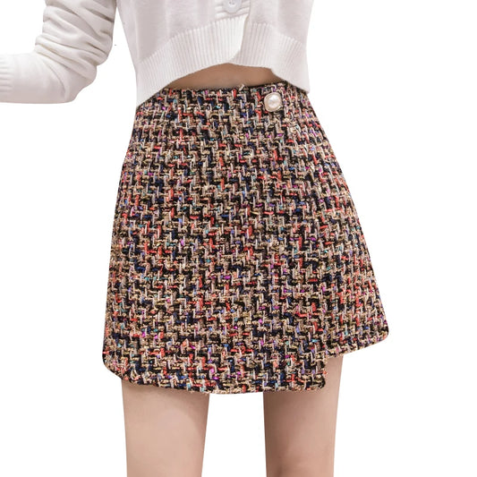 New Autumn And Winter Mini Skirt Women Fashion Tweed Plaid Irregularity A Line Skirts High Waist Woolen Short Skirt Women